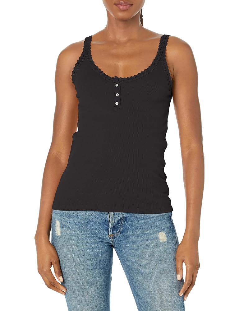 Angie Women's Lace Trim Rib Knit Tank with Buttons, Black at